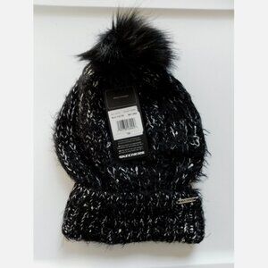 SKETCHERS Womens Black & Silver Accents Beanie W/ Faux Fur Pom One Size